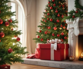 A brightly colored red gift box sits on a beautifully decorated mantel against the backdrop of a lush evergreen Christmas tree, presents, festive colors
