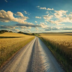 Naklejka premium Country road through golden wheat field under sunny sky