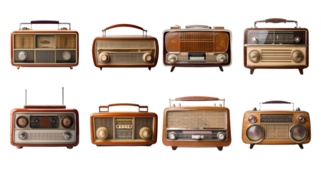 Vintage Radios Collection from Different Decades in a Row, PNG bundle collection, Isolated on Transparent Background