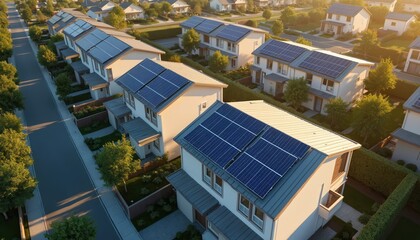 Aerial view shows houses row with rooftop solar panels in suburb. Clean energy, renewable source. Sustainable photovoltaic system converts sunlight to electricity. Eco neighborhood with modern