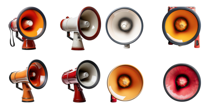 Array of Megaphones in Various Colors and Designs on a White Background, PNG bundle collection, Isolated on Transparent Background