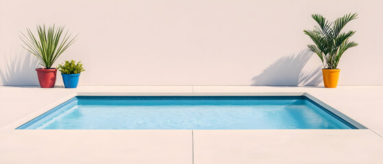 Fototapeta premium Bright Minimalist Swimming Pool With Two Potted Plants In Front Of White Wall During Daytime Suitable For Background Image