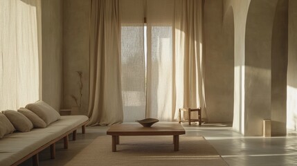A minimalist living room with a large window, beige sofa, wooden coffee table, and a small plant.