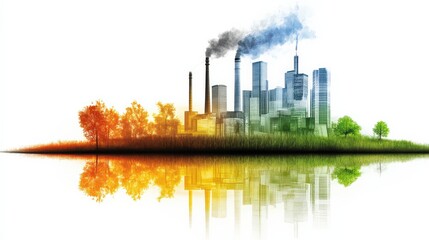 Vibrant city skyline with industrial smokestacks surrounded by trees and reflection on water