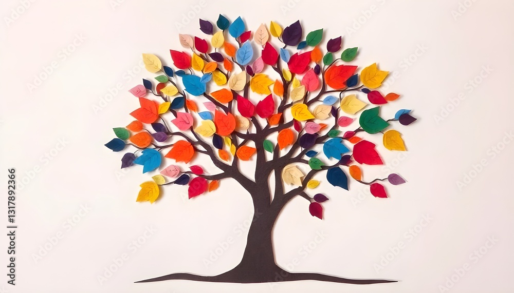 Aufkleber papercut scene of a tree with leaves in various colors representing harmony and diversity