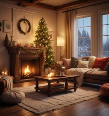 A cozy and inviting holiday scene featuring a warm and comfortable living room, festive decorations, and soft lighting, peaceful ambiance, warm interior, warm and welcoming atmosphere