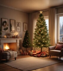 A cozy living room with a Christmas tree and warm lighting, relaxation, holiday, season