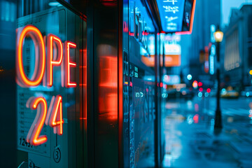 24-Hour Operational Light Sign Displayed on a Modern Bank's Doors Reflecting Cityscape