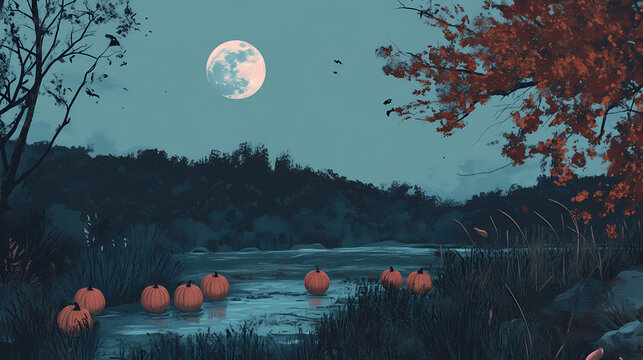 Halloween scene featuring pumpkins and a spooky night atmosphere with a moonlit sky and autumn vibes perfect for capturing the essence of the holiday. Moonlit Essence. Illustration