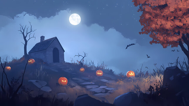 Halloween scene featuring pumpkins and a spooky night atmosphere with a moonlit sky and autumn vibes perfect for capturing the essence of the holiday. Moonlit Essence. Illustration