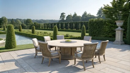 A large round dining table surrounded by six high-backed chairs in a formal garden setting, , elegant patio furniture
