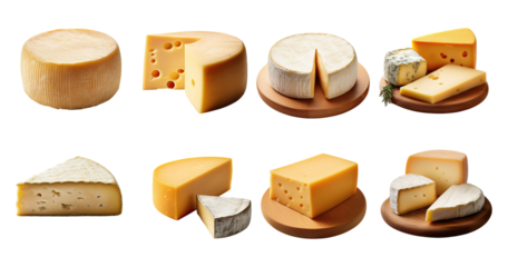 Variety of Artisan Cheese Selections on Wooden Serving Plates, PNG bundle collection, Isolated on Transparent Background