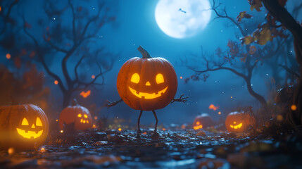 Spooky pumpkin character with mischievous grin stands against moonlit night, surrounded by eerie trees and glowing pumpkins, capturing essence of halloween fun. Moonlit Essence. Illustration