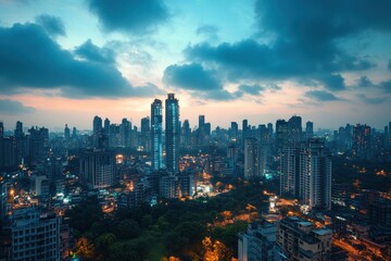 Fototapeta premium Stunning sunset cityscape view with skyscrapers and city lights.