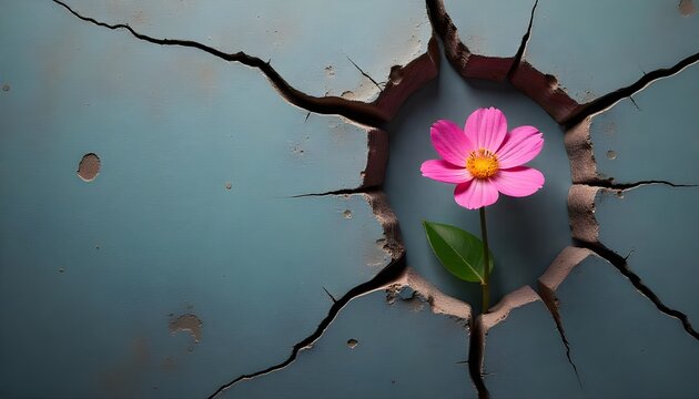 A single flower blooming in a crack in a wall, symbolizing hope and resilience in the face of adversity
