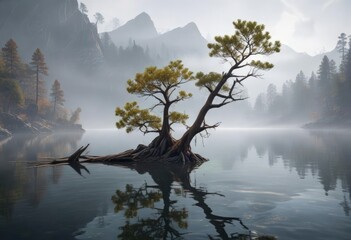 A lone pine branch extends from the water's edge into the misty air of a quiet lake, solitude, solitary figure