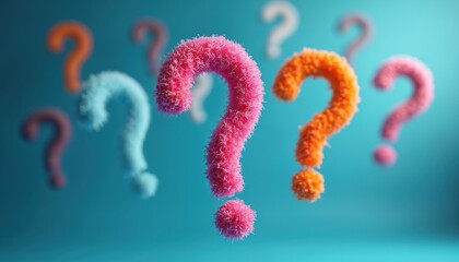 Vibrant colorful fluffy question marks float against blue background. Curiosity confusion quest for knowledge, cognition seeking researching thought idea brainstorming quiz test puzzle icon.