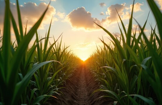 Sugarcane plantation field with cinematic colorful sky. Farm landscape at sunny day. Rows of cane plants under bright sun on the horizon. Agricultural scenery and golden sunset.