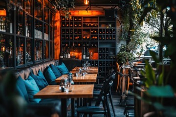 Stylish restaurant interior with wine rack, wooden tables, and teal cushions.