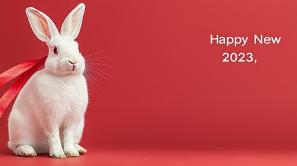 Obraz premium White Rabbit with Red Ribbon on Red Background Happy New Year 2023