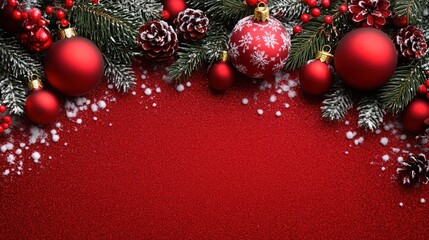 Festive red Christmas ornaments and greenery border