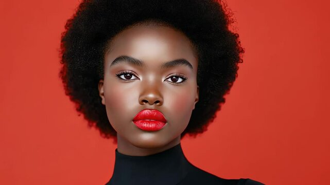 Diverse Beauty Campaign Highlighting Rich Complexions in Vibrant Red Background with Focus on Bold Lipstick and Natural Afro Hair Style