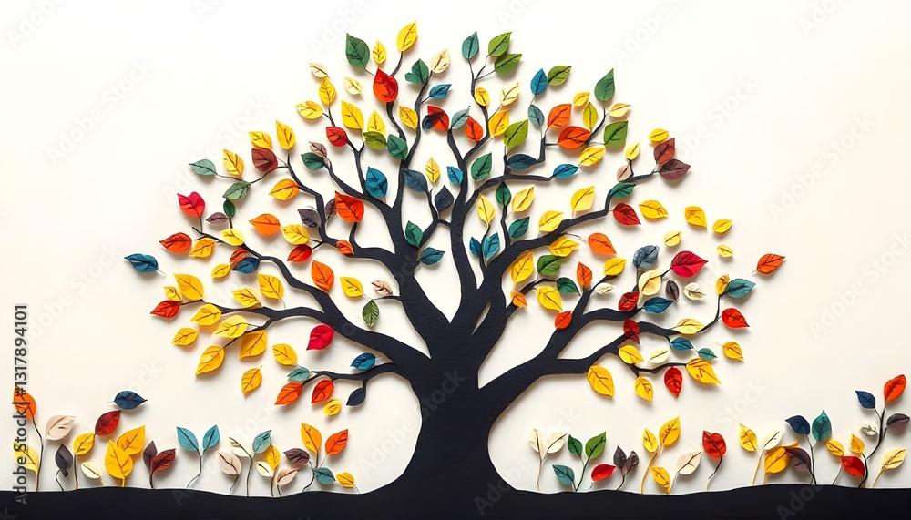 Poster Papercut scene of a tree with leaves in various colors representing harmony and diversity
