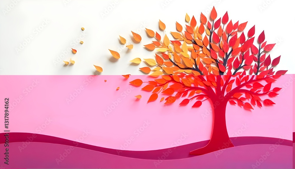 Poster Papercut scene of a tree with leaves in various colors representing harmony and diversity
