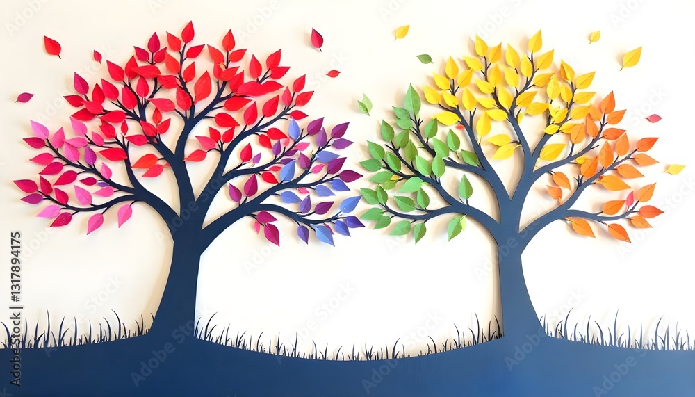Poster Papercut scene of a tree with leaves in various colors representing harmony and diversity