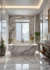 Fototapeta premium A marble tub and sink combo in a luxurious bathroom with a large glass mirror above, modern bathroom decor, marble vanity, beautiful bathroom