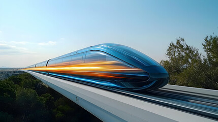 Obraz premium Futuristic High-Speed Train with Sunset Reflection in Blue and Orange Traveling on Elevated Track