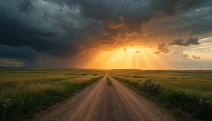 Fototapeta premium Dirt road leads through prairie landscape under dramatic stormy skies. Sunset, gold light shines through dark clouds. Grass field stretches to horizon, nature travel adventure in rural remote area.