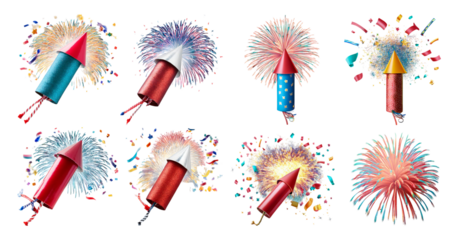 Colorful Fireworks Rockets with Sparklers for Celebration Events, isolated on transparent background