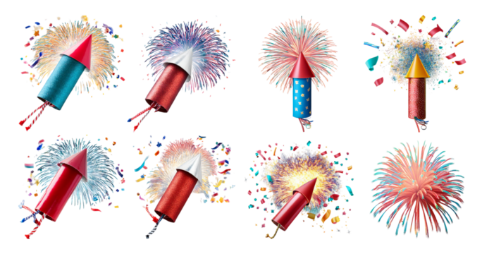 Colorful Fireworks Rockets with Sparklers for Celebration Events, isolated on transparent background