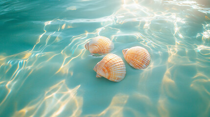 An abstract summer still life features shells on seawater with gradient colors of blue, turquoise, green, and mint, creating a relaxing vibe.