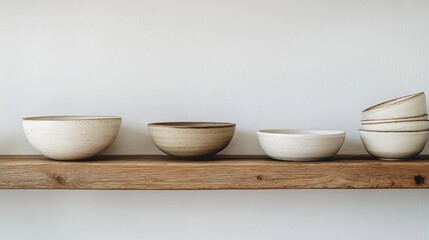 A collection of five bowls, each with a unique design, sits on a rustic wooden shelf against a white wall.