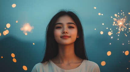 Naklejka premium serene young Asian woman smiles softly, surrounded by sparkling lights in dreamy atmosphere.