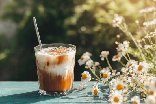 Iced coffee served in a vintage glass with daisies and a vibrant outdoor setting