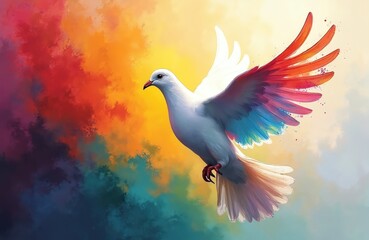 Fototapeta premium Colorful abstract painting of flying dove on artistic background. Holy Spirit illustration. Christian religious art. Symbol of peace, love, freedom. Design for easter card or wedding invitation.