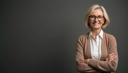 Generation X confident woman smiles, arms crossed. Gray hair, fashionable business attire, glasses. Isolated solid gray background, studio lighting, copy space. Portrait female empowerment, mature