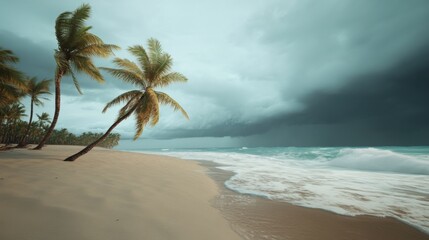 Tranquil beach interrupted by impending storm clouds and powerful waves approaching shore