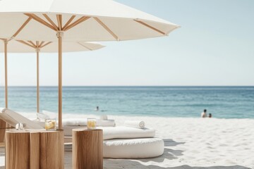 Obraz premium Perfectly aligned luxury beach with sun loungers and refreshing drinks under umbrellas