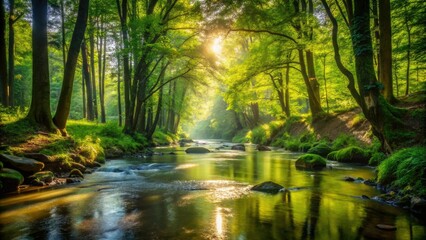 Obraz premium A peaceful river flowing through a dense thicket of trees with the sunlight filtering through the leaves and casting dappled shadows on the forest floor, tree, outdoors, sunlight, shadow