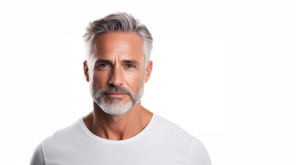 Obraz premium mature man with gray hair and beard, wearing white shirt, smiling confidently.