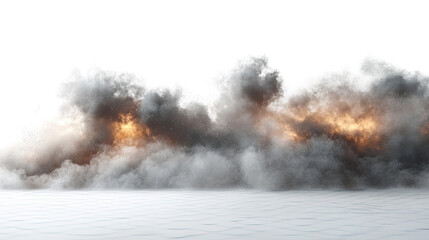 Fiery Cloud: Captivating scene of a thick cloud of dark smoke with intense flames, against a light background