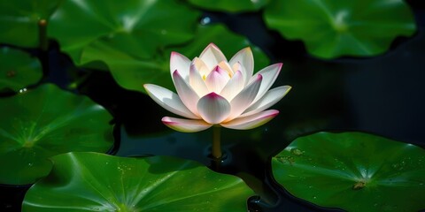 Fototapeta premium A radiant lotus flower floating gracefully on water, symbolizing unity with the universe and inner peace, peaceful, harmony