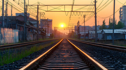 Golden Sunset Over Train Tracks In An Urban Setting With Buildings And Power Lines
