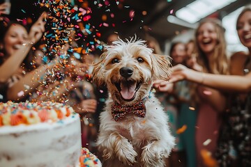A group friends throwing confetti as a dog wearing a bowtie poses in front a cake