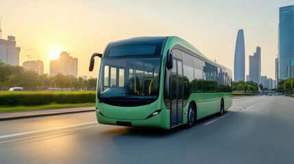 green electric bus driving on city road during sunset, showcasing modern architecture and urban life.