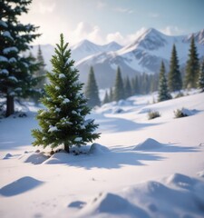 Fototapeta premium A snowy landscape with a small green Christmas tree in the foreground, foliage, evergreen, frosty